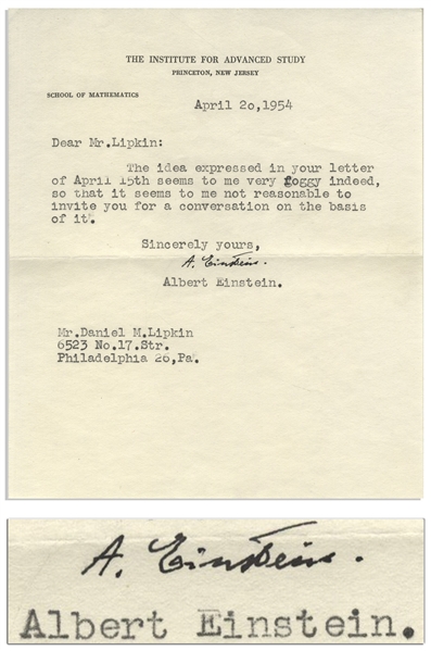 Albert Einstein Letter Signed -- ''...The idea expressed in your letter of April 15th seems to me very foggy indeed...''